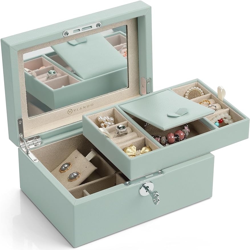 Jewelry Box, Two Tray Jewelries Collections Organizer, Girls Gift -Aqua Green