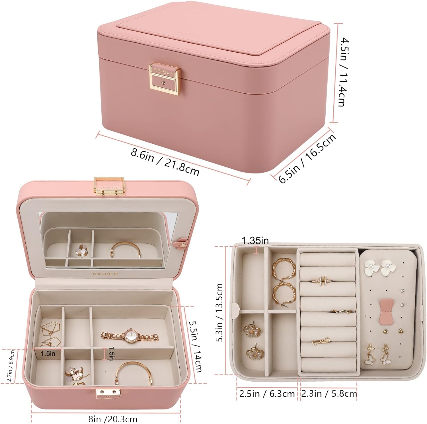 2 Layer Jewelry Organizer Box ,Luxury Leather & Soft Velvet Lined