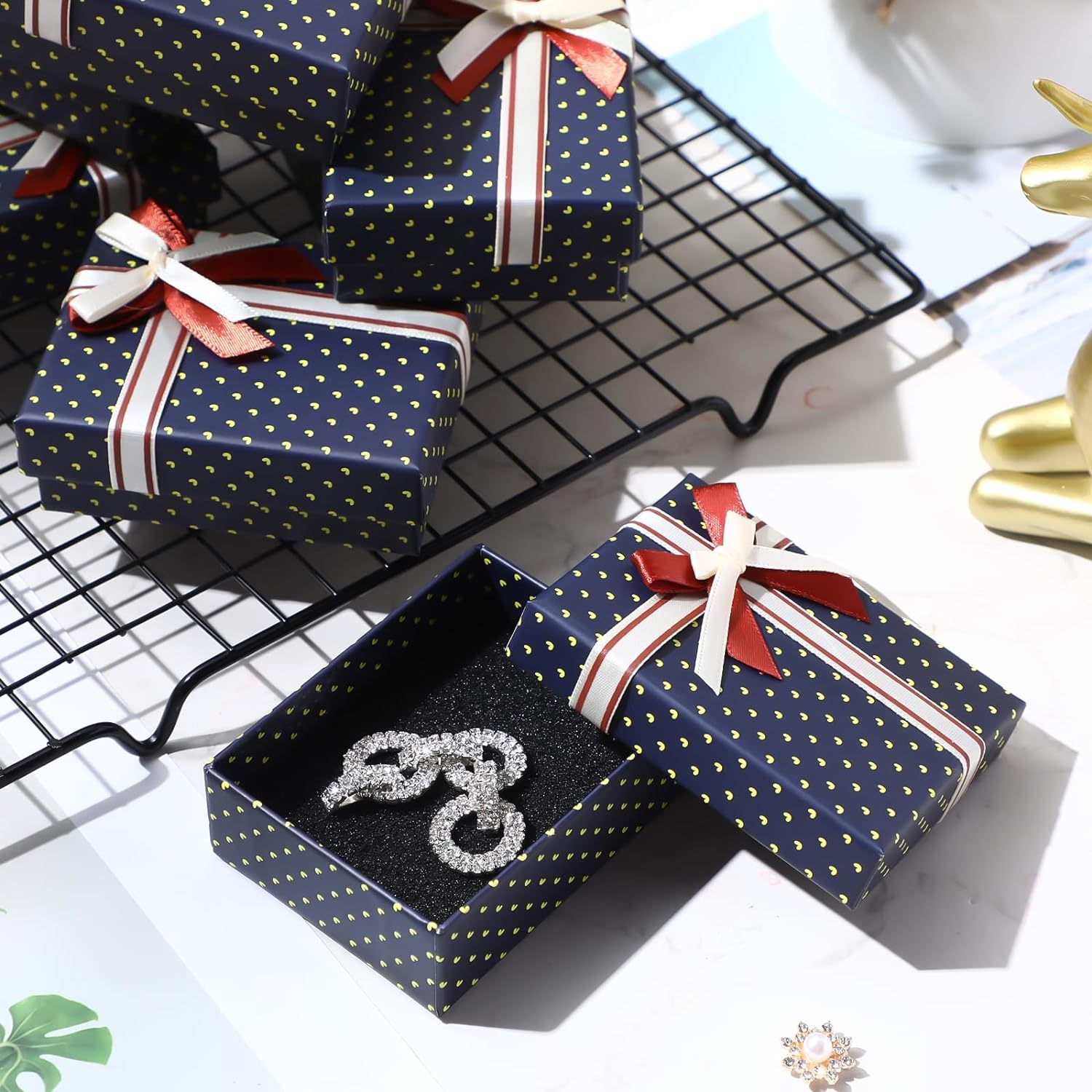 Jewelry Gift Boxes with Lids Cardboard Jewelry Boxes with Wave Point Ribbon Bows Bulk Cushion Packaging Box for Ring Necklace Pendants Earring Watches, 3.5x 2.8 x 1.2 Inches