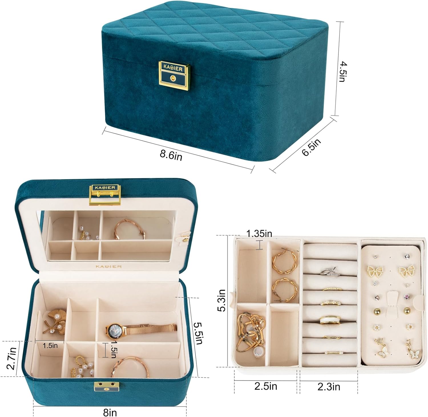 2 Layer Jewelry Organizer Box ,Luxury Leather & Soft Velvet Lined