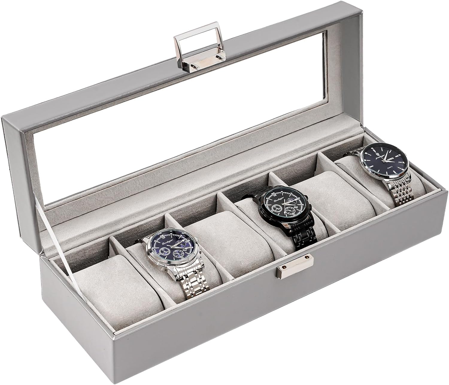 Watch Box for Men, 6 Slot Watch Display Case Mens Watch Box Organizer, PU Leather Watch Cases for Men Watch Storage, Valentines Gift Watch Holder Organizer with Glass Lid -6 Slot,