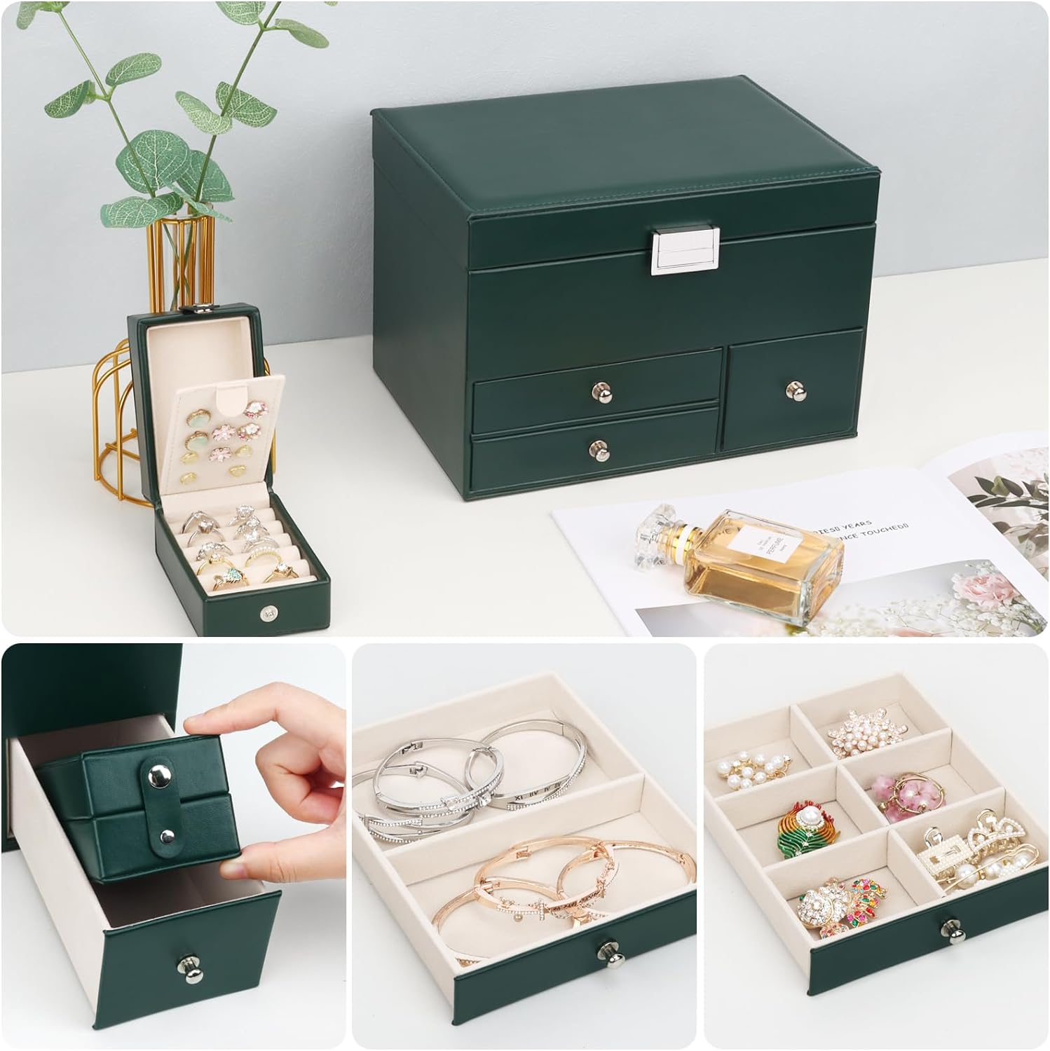 Jewelry Organizer Box, 3 Layers Large Jewelry Box with Travel Jewelry Case And Removable Tray