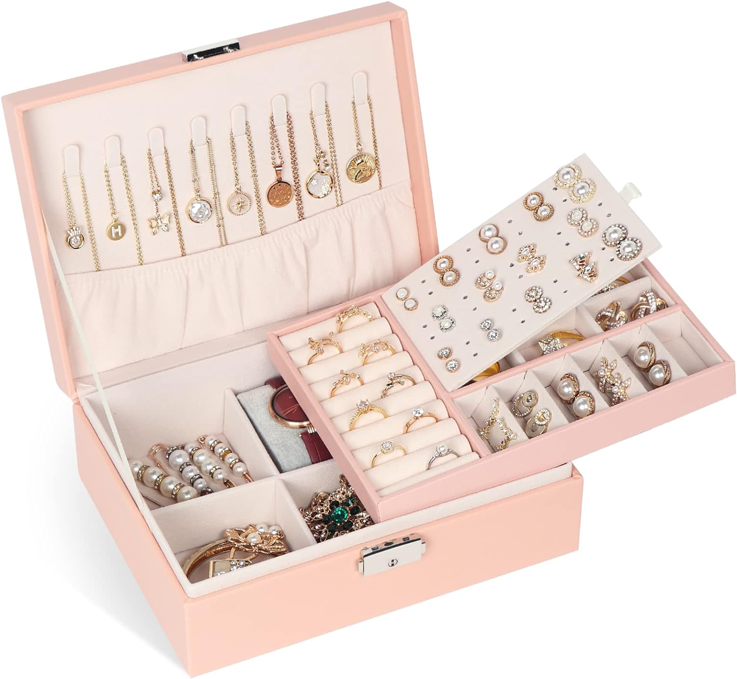 Jewelry Box ,Jewelry Organizer Container with Lock,PU Leather Storage Case with Removable Tray,Jewelry Display Holder