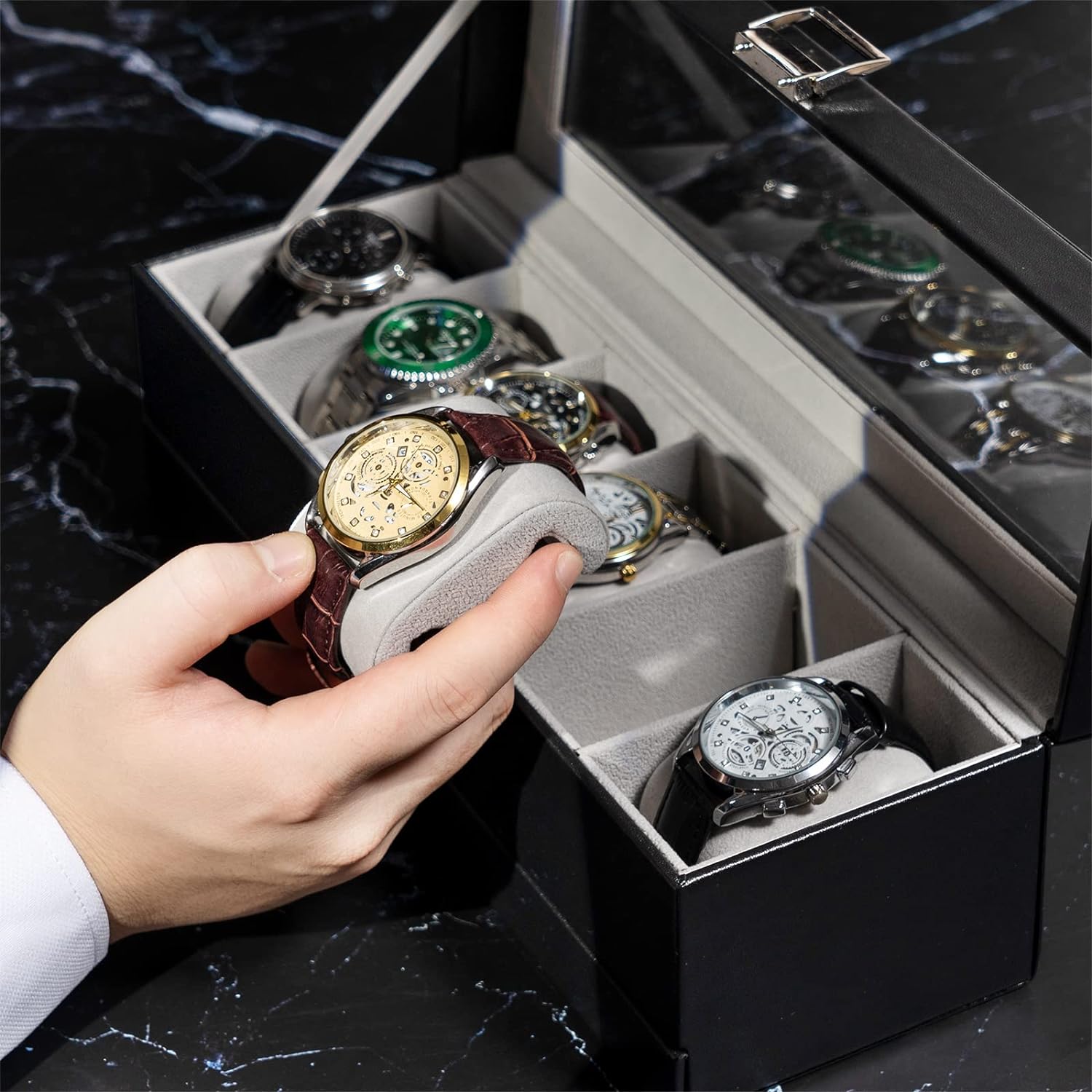 6 Slot Watch Display Case with Drawer, layer Jewelry and Watch Storage Case