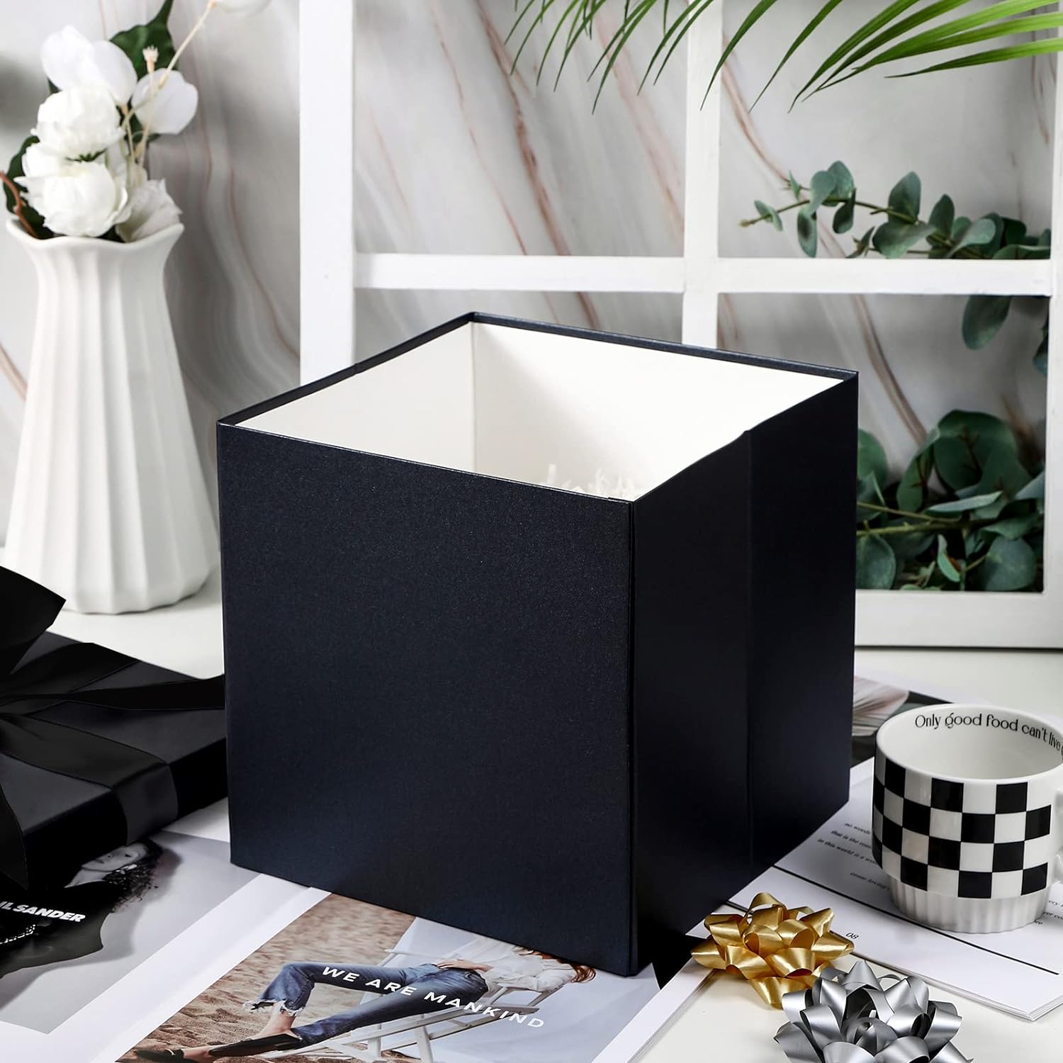 Medium Birthday Gift Box with Lids, Ribbon and Tissue Paper, Collapsible Gift Box - 1 Pcs, 10x10x10 Inches, White