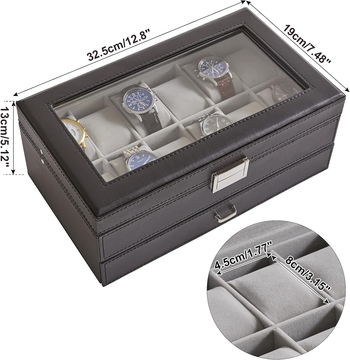 Watch Box 12 Slots PU Leather Watch Case for Men - Jewelry Display Drawer Case with Glass Top,Smooth Velvet Lining