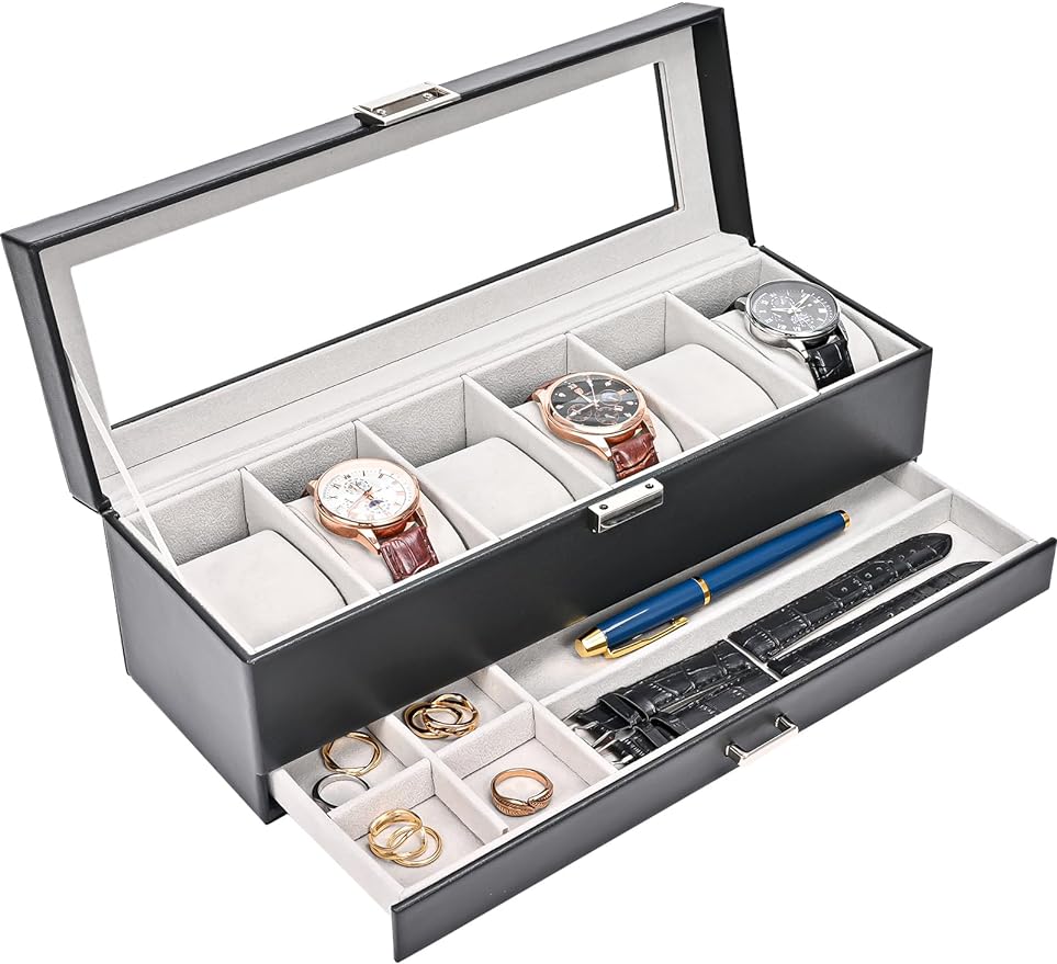 6 Slot Watch Display Case with Drawer, layer Jewelry and Watch Storage Case