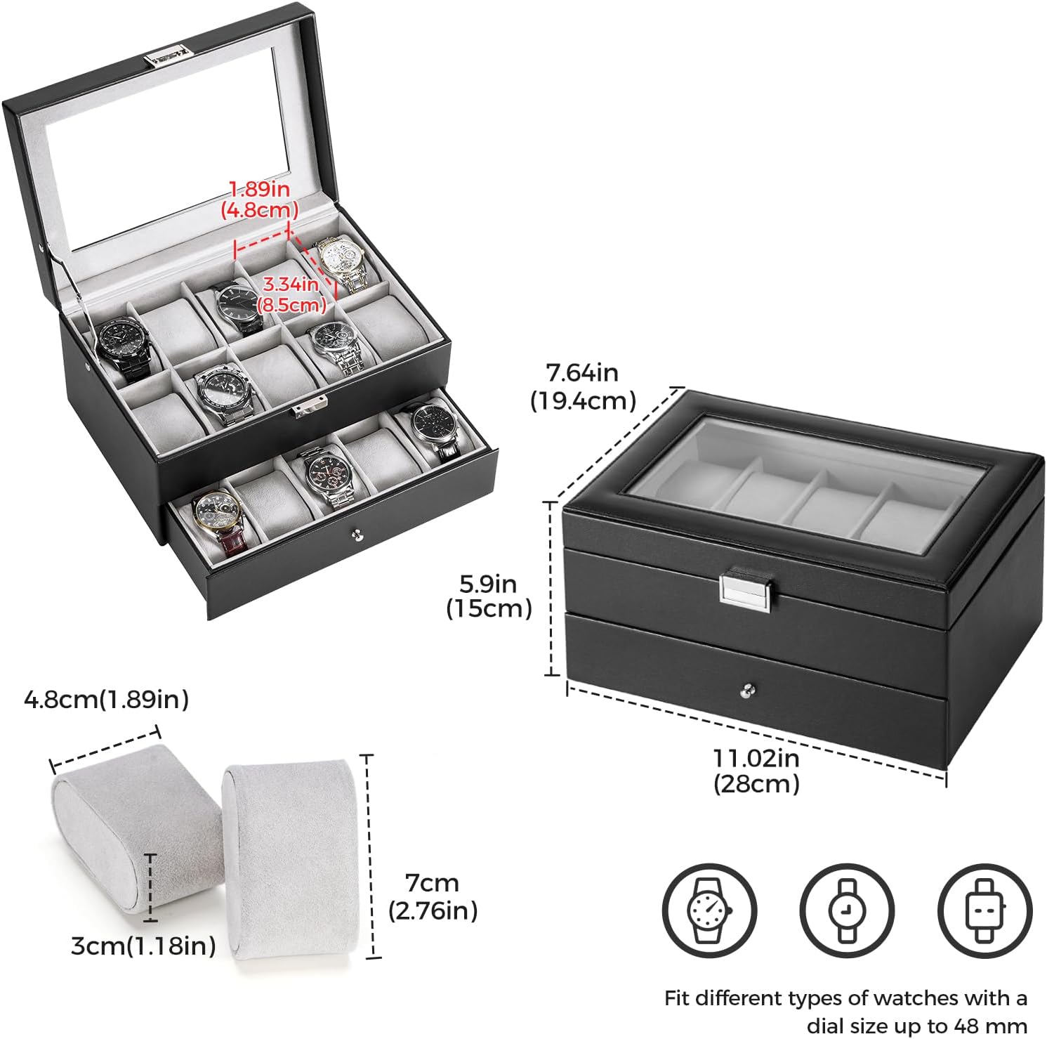 Watch Box for Men, 6 Slot Watch Display Case Mens Watch Box Organizer, PU Leather Watch Cases for Men Watch Storage, Valentines Gift Watch Holder Organizer with Glass Lid -6 Slot,