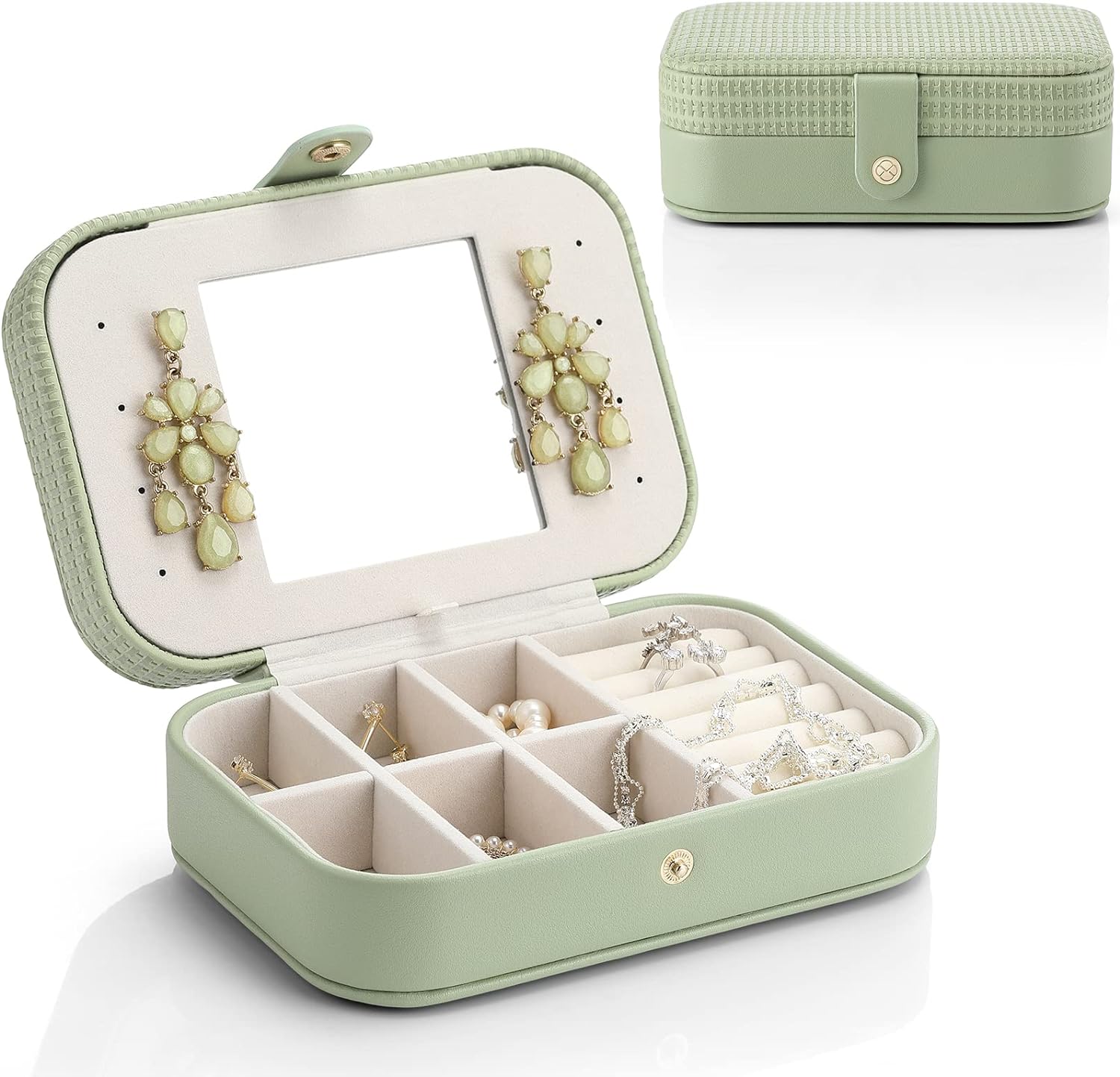 Travel Jewelry Case Box Women PU Leather 2 Layer Jewelry Organizer Holder for Necklace Earring Rings-Green