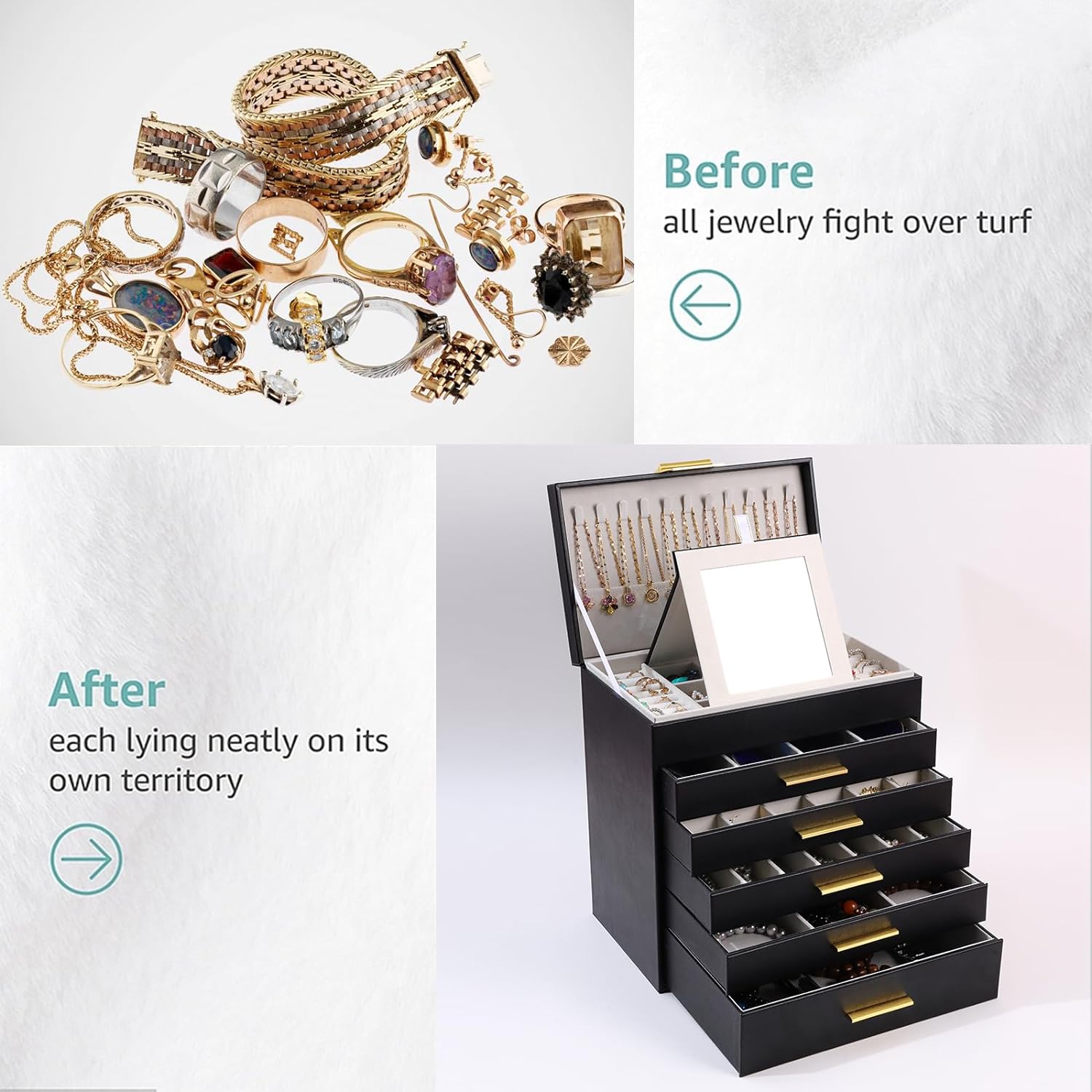 Large Jewelry Box Organizer - 6 Layer Jewelry Holder Organizer with Mirror