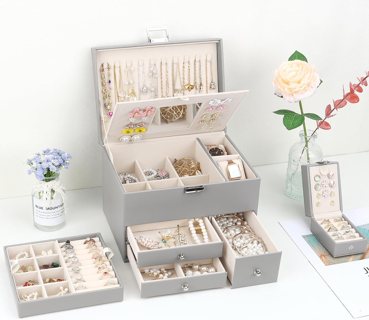 Jewelry Organizer Box, 3 Layers Large Jewelry Box with Travel Jewelry Case And Removable Tray