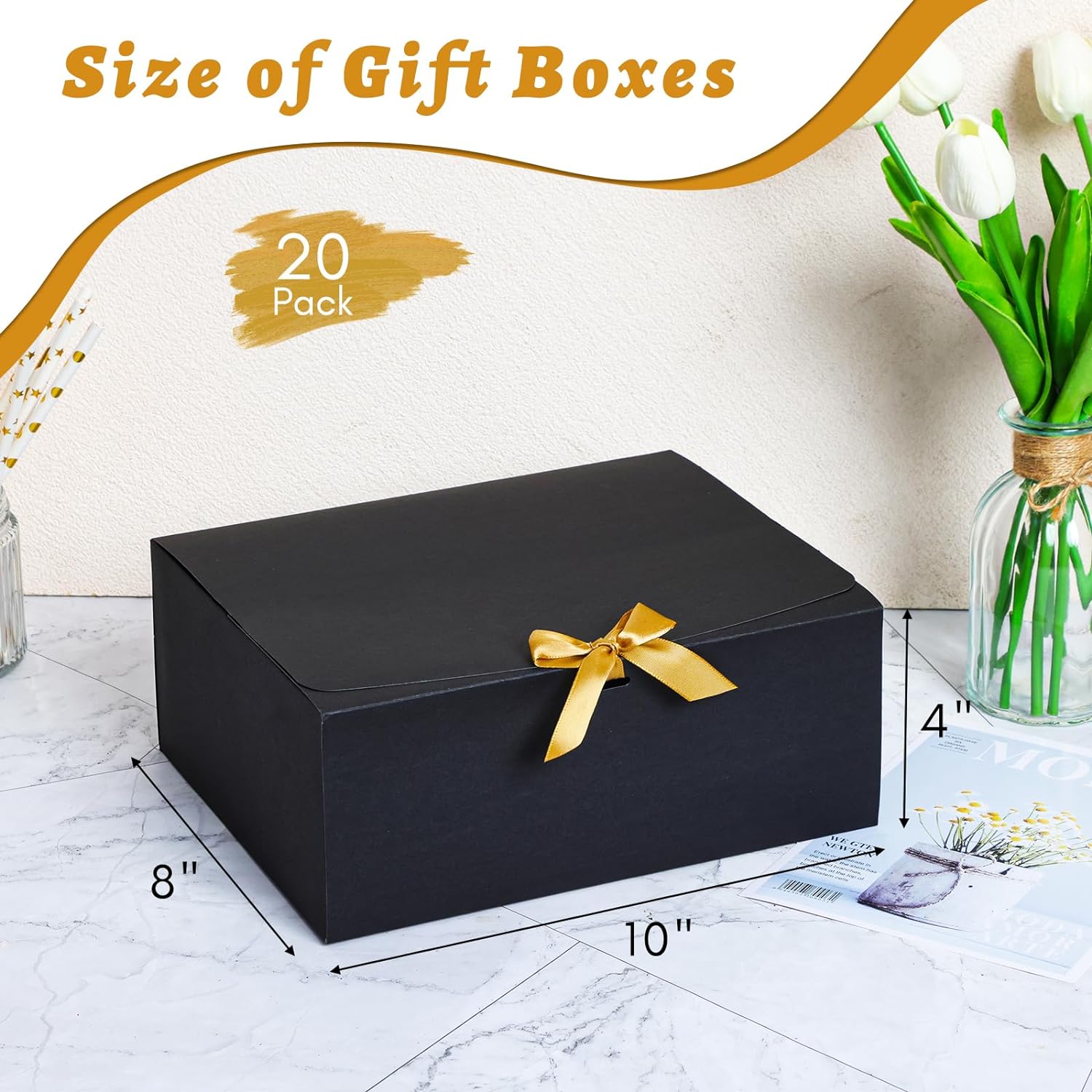 Gift Boxes with Lids for Presents, Black 10x8x4 Inch Bridesmaid Proposal Box with Ribbon, Large Paper Boxes for Snacks, Candy, Toys, Birthday Party, Wedding, Halloween, Christmas