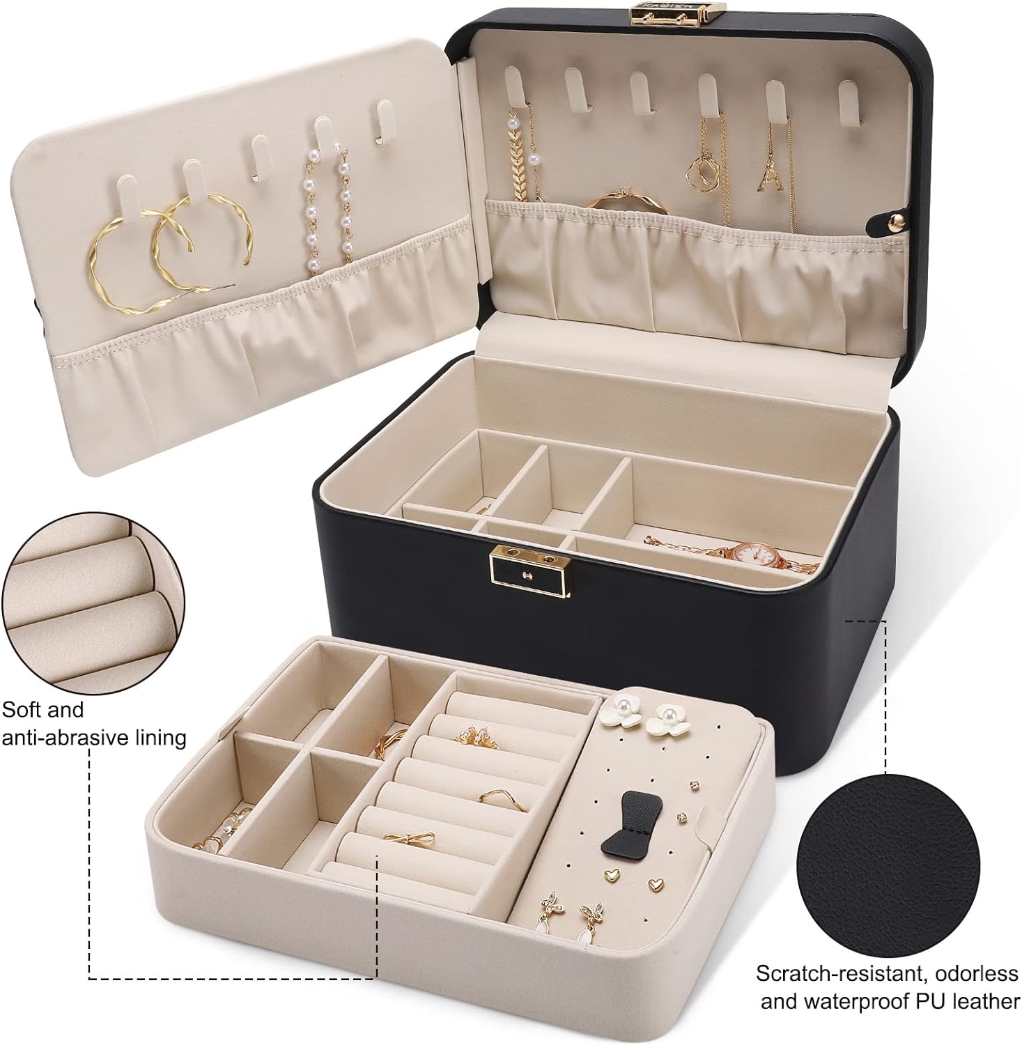 2 Layer Jewelry Organizer Box ,Luxury Leather & Soft Velvet Lined