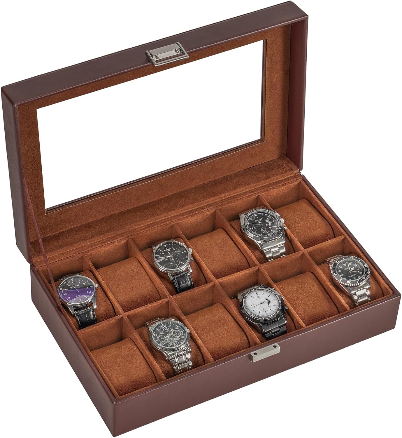 Watch Box for Men, 6 Slot Watch Display Case Mens Watch Box Organizer, PU Leather Watch Cases for Men Watch Storage, Valentines Gift Watch Holder Organizer with Glass Lid -6 Slot,