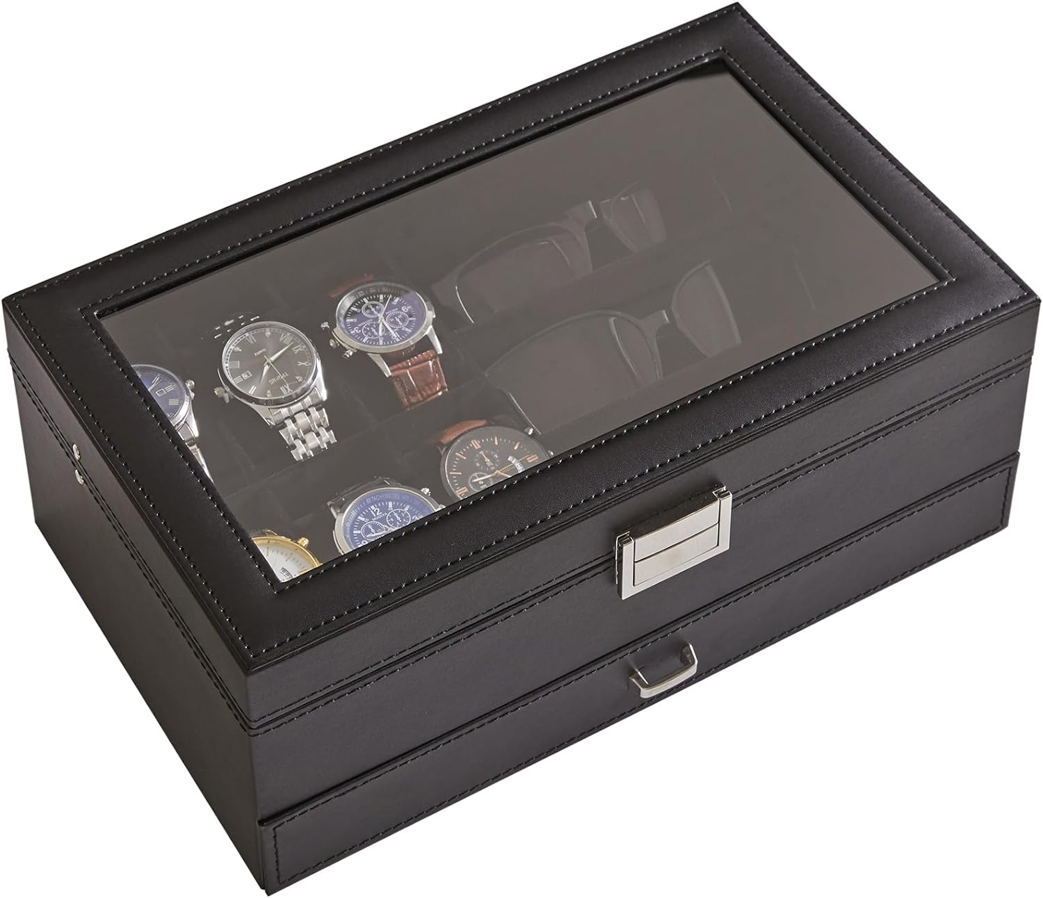 Watch Box 12 Slots PU Leather Watch Case for Men - Jewelry Display Drawer Case with Glass Top,Smooth Velvet Lining