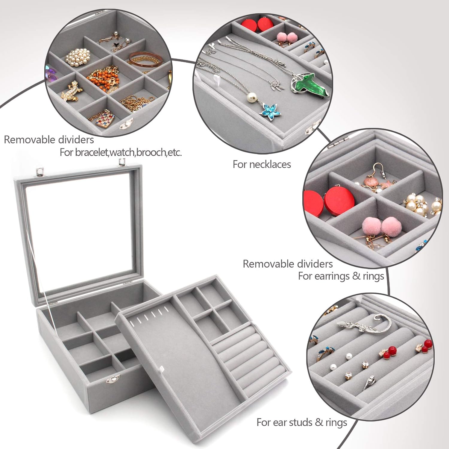 Jewelry Box with Glass Lid Two-Layer Jewelry Box Organizer Display Storage case