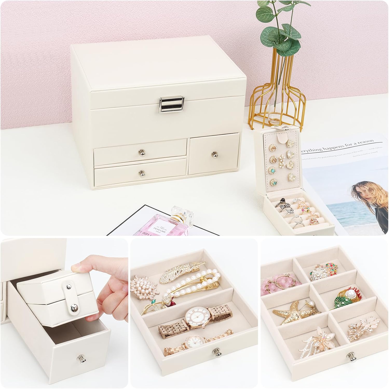 Jewelry Organizer Box, 3 Layers Large Jewelry Box with Travel Jewelry Case And Removable Tray