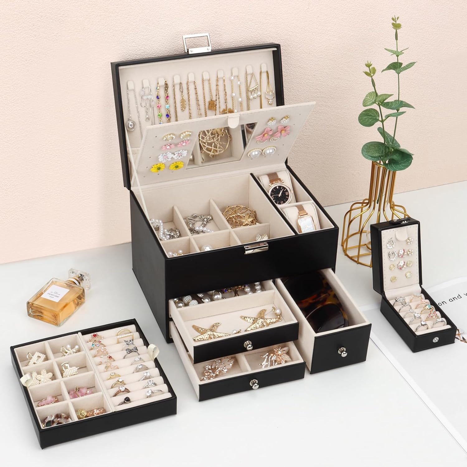 Jewelry Organizer Box, 3 Layers Large Jewelry Box with Travel Jewelry Case And Removable Tray