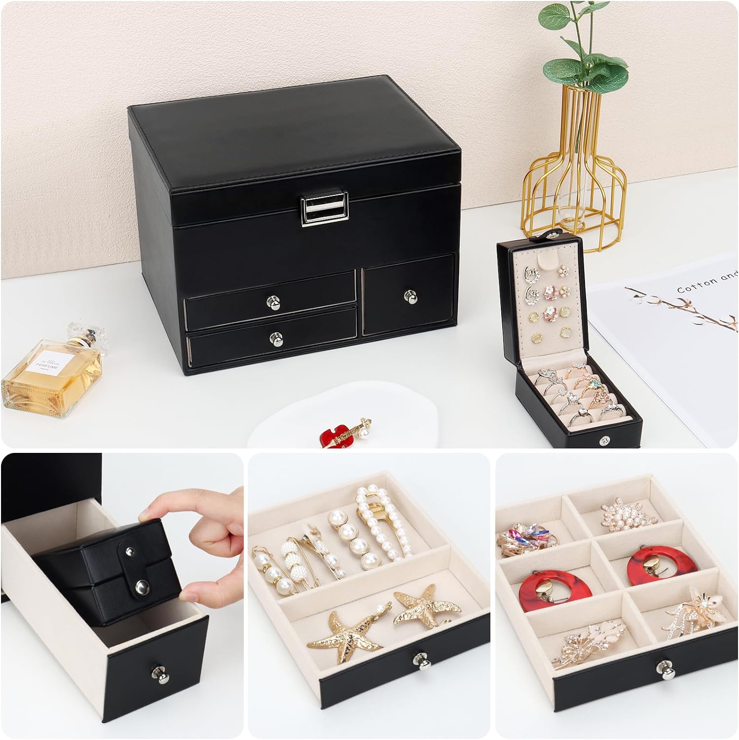 Jewelry Organizer Box, 3 Layers Large Jewelry Box with Travel Jewelry Case And Removable Tray