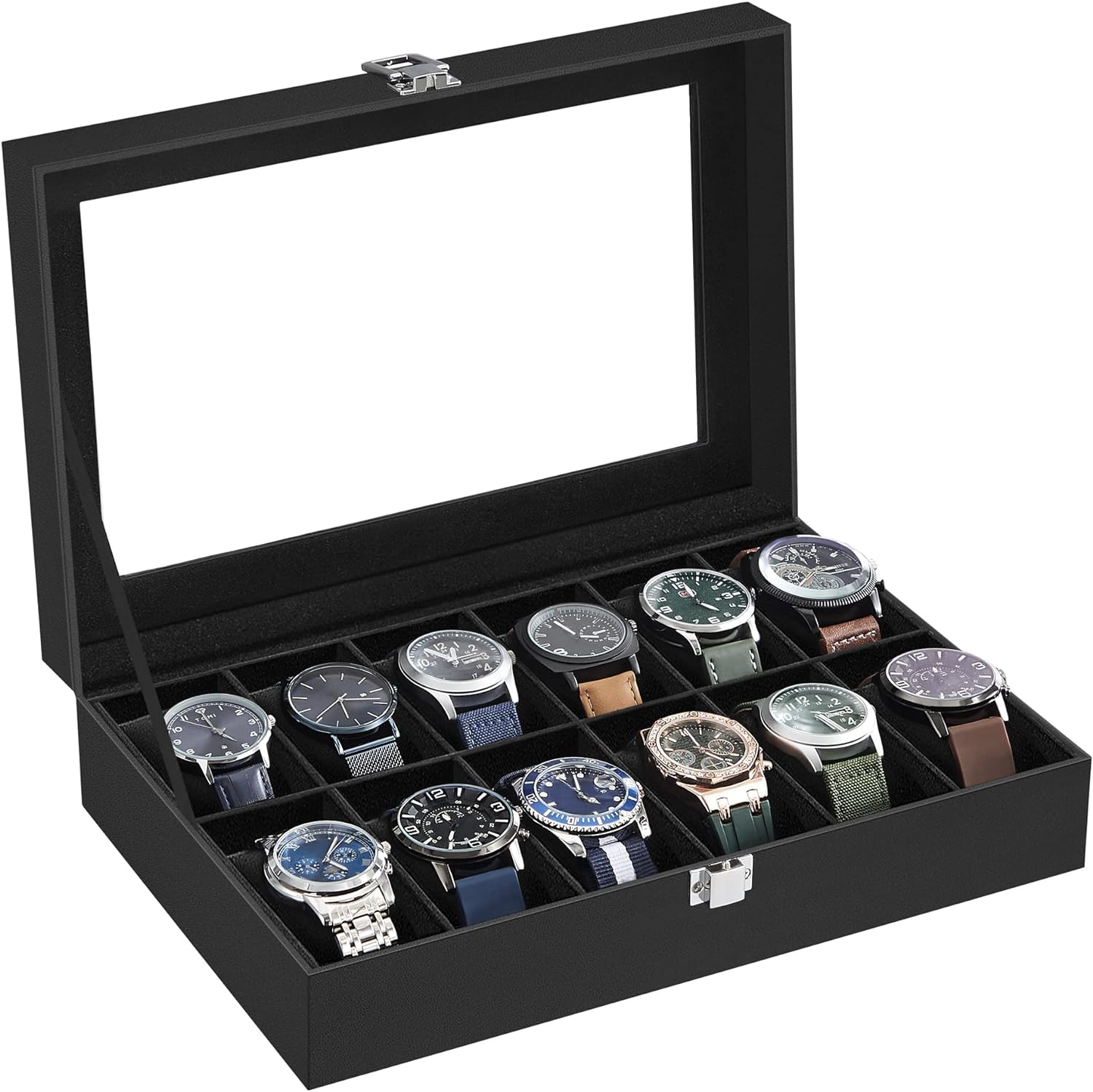 12-Slot Black Synthetic Leather Watch Box with Large Glass Lid and Removable Watch Pillows