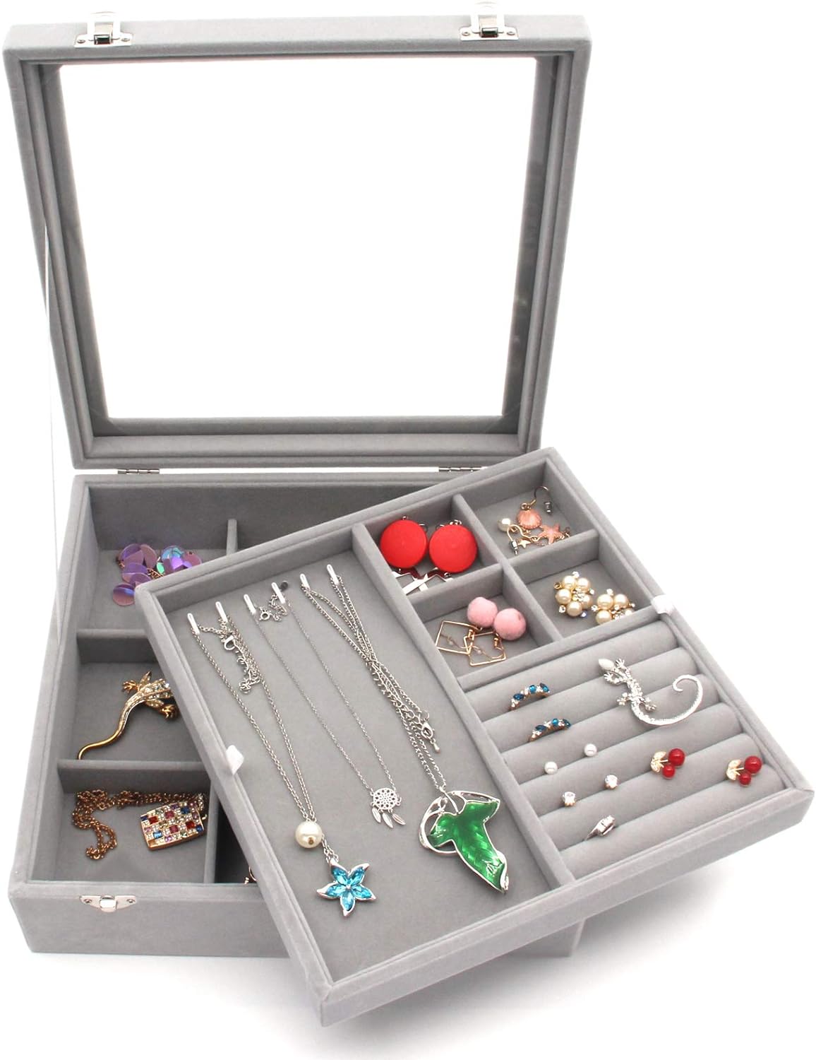 Jewelry Box with Glass Lid Two-Layer Jewelry Box Organizer Display Storage case