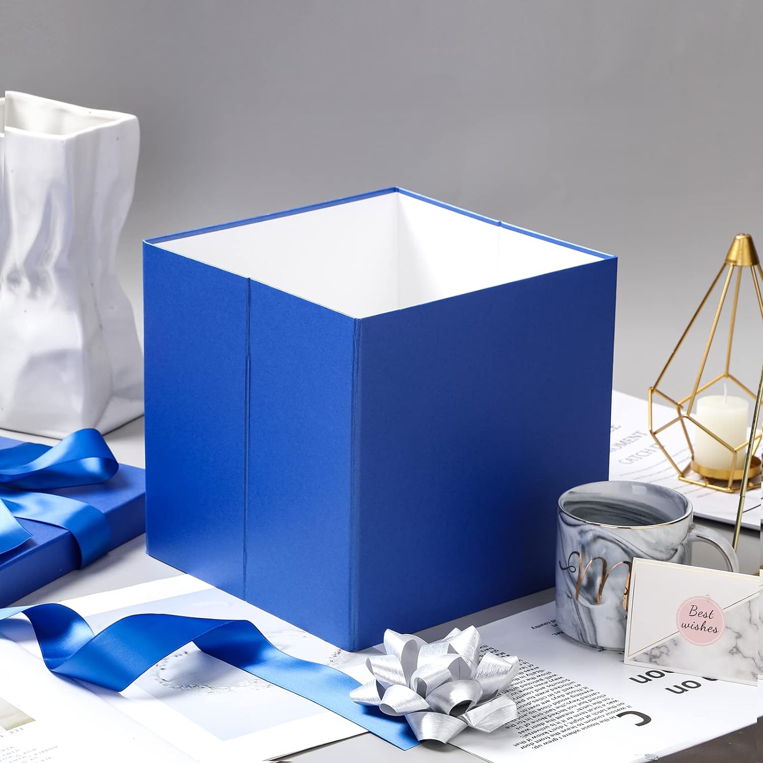 Medium Birthday Gift Box with Lids, Ribbon and Tissue Paper, Collapsible Gift Box - 1 Pcs, 10x10x10 Inches, White