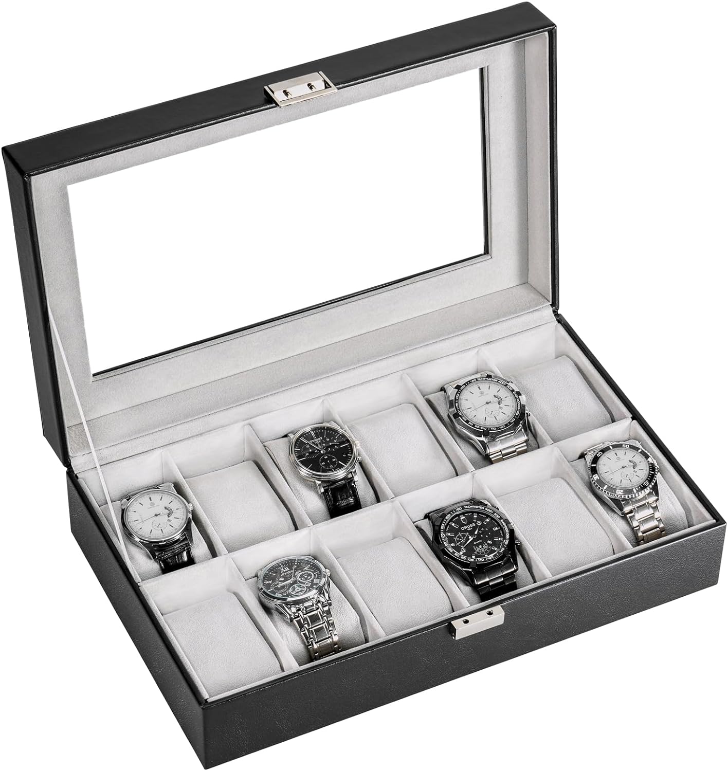 Watch Box for Men, 6 Slot Watch Display Case Mens Watch Box Organizer, PU Leather Watch Cases for Men Watch Storage, Valentines Gift Watch Holder Organizer with Glass Lid -6 Slot,