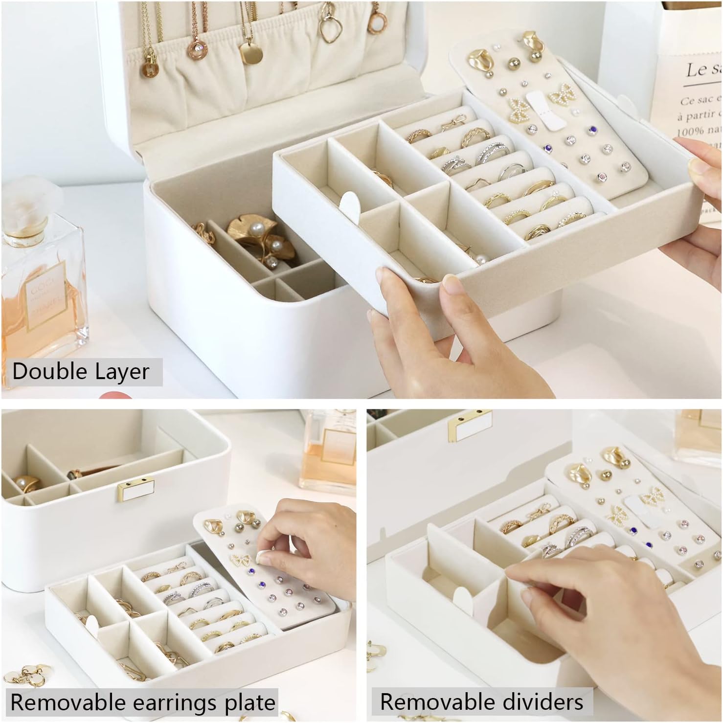 2 Layer Jewelry Organizer Box ,Luxury Leather & Soft Velvet Lined