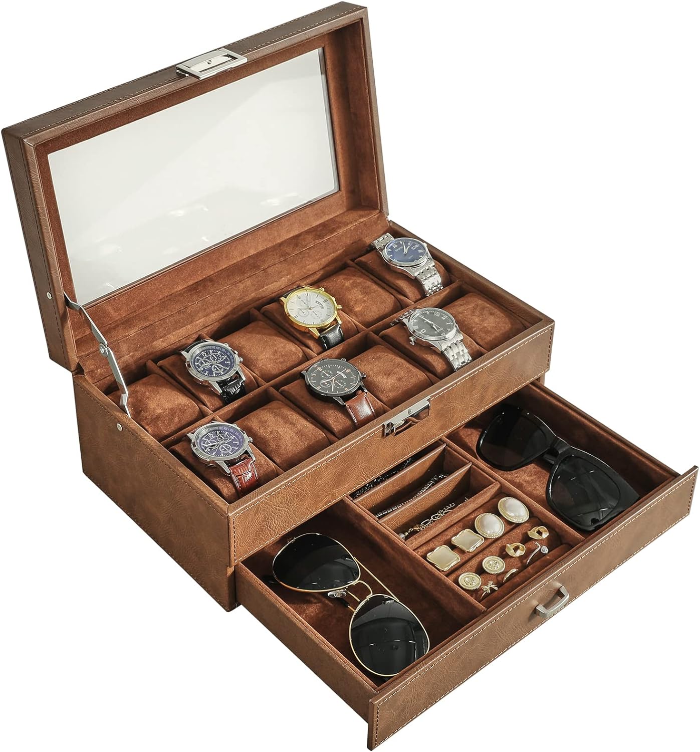 Watch Box 12 Slots PU Leather Watch Case for Men - Jewelry Display Drawer Case with Glass Top,Smooth Velvet Lining