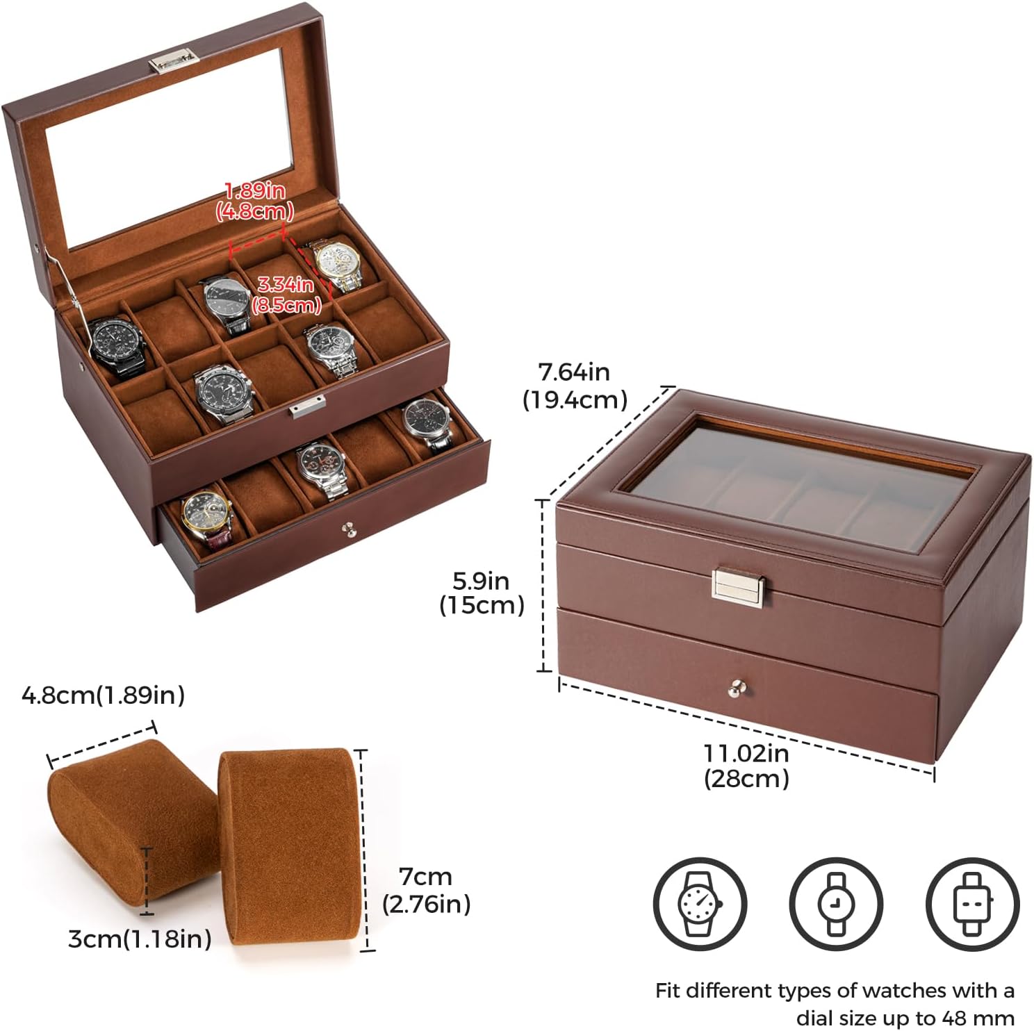 Watch Box for Men, 6 Slot Watch Display Case Mens Watch Box Organizer, PU Leather Watch Cases for Men Watch Storage, Valentines Gift Watch Holder Organizer with Glass Lid -6 Slot,