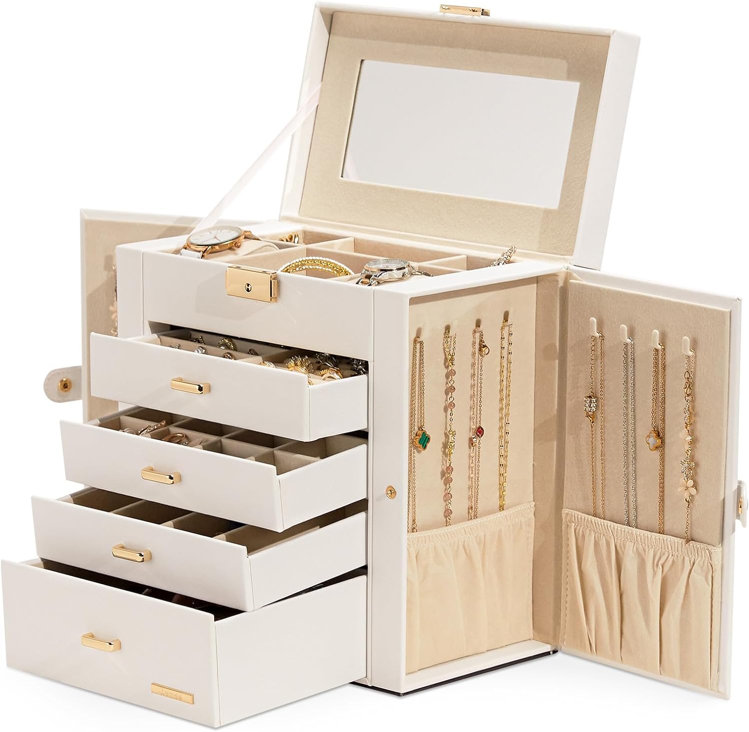 Synthetic Leather Huge Jewelry Box Mirrored Watch Organizer  Lockable Gift Case