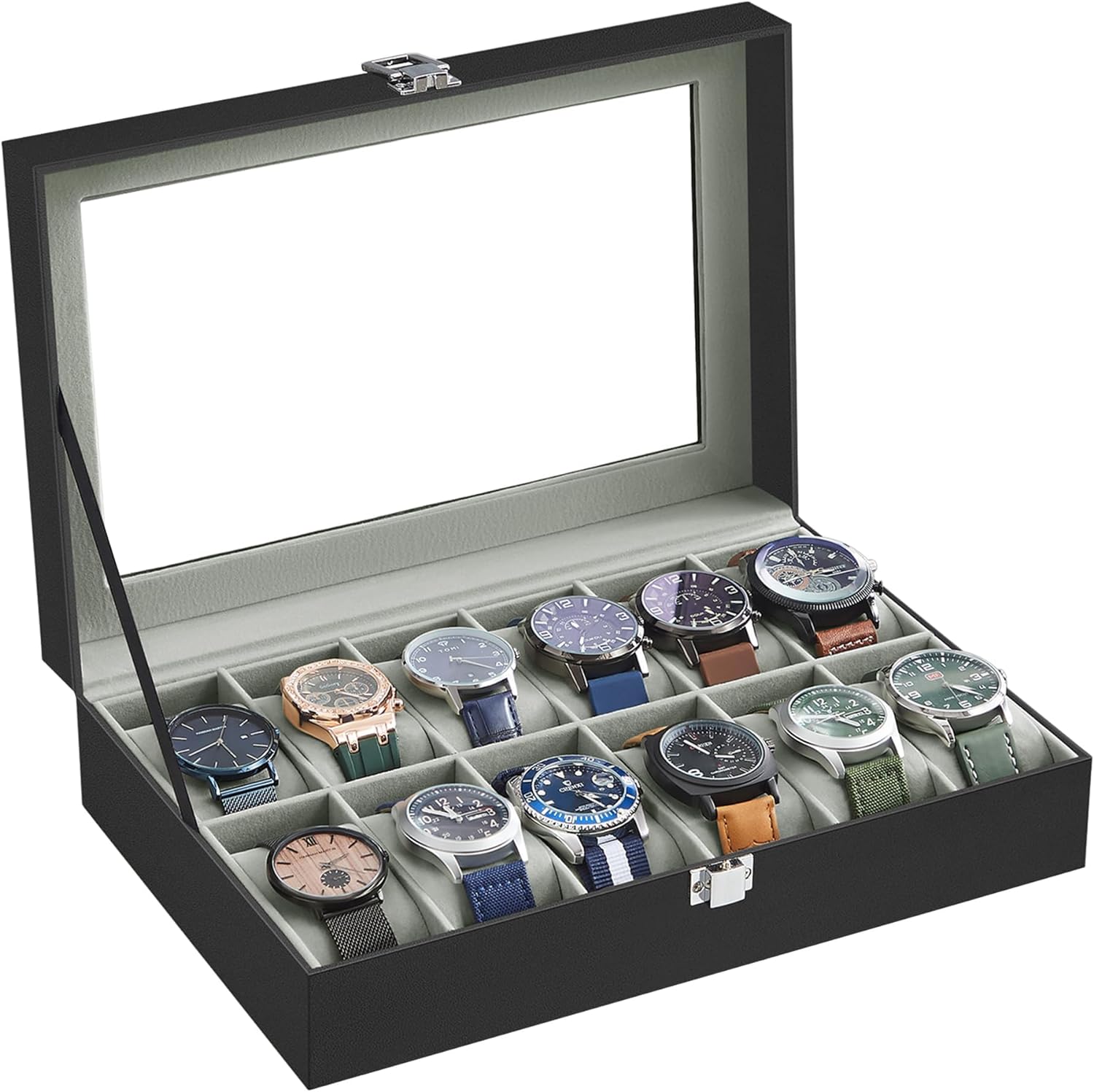 12-Slot Black Synthetic Leather Watch Box with Large Glass Lid and Removable Watch Pillows