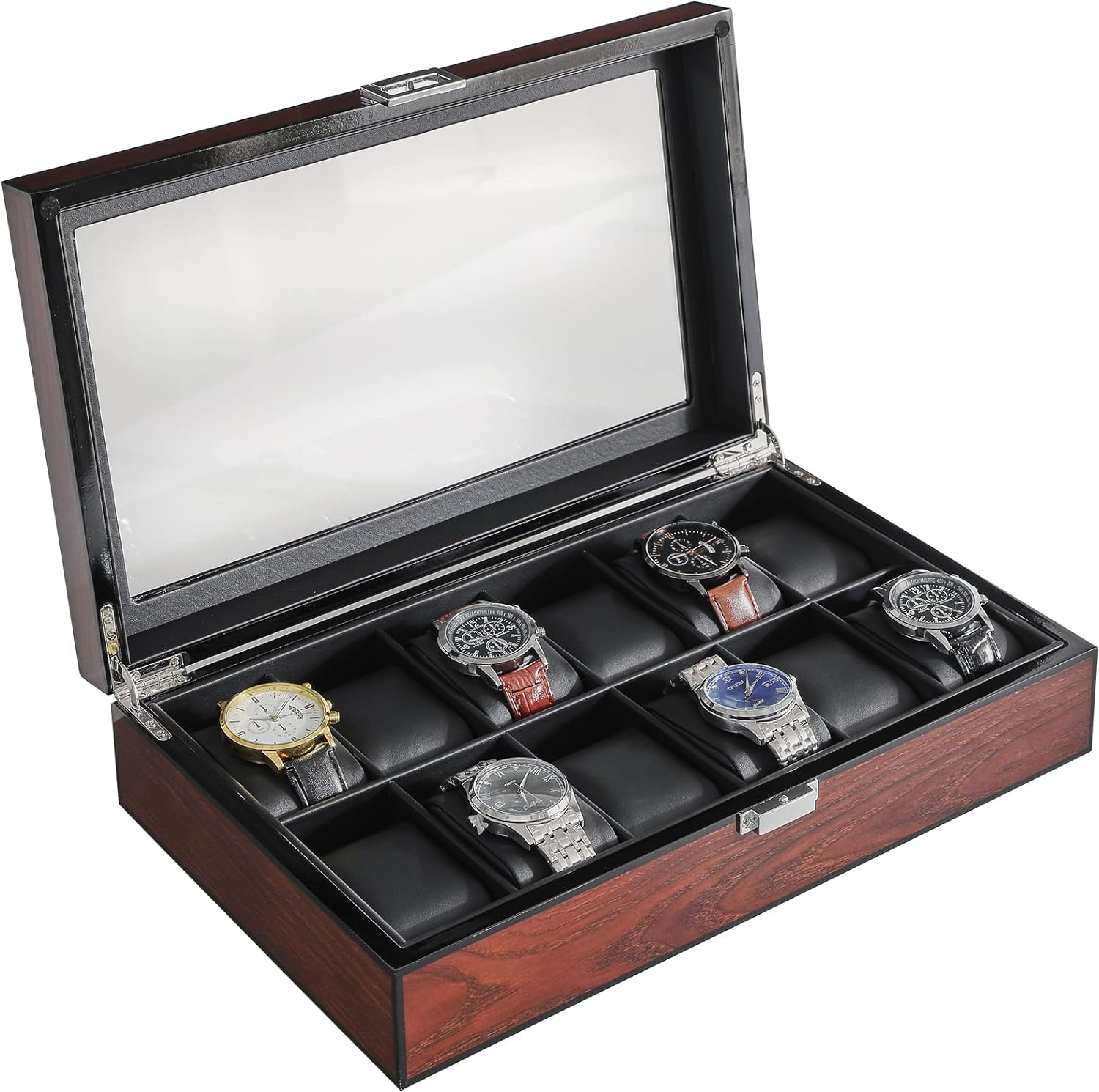 Watch Box 12 Slots PU Leather Watch Case for Men - Jewelry Display Drawer Case with Glass Top,Smooth Velvet Lining