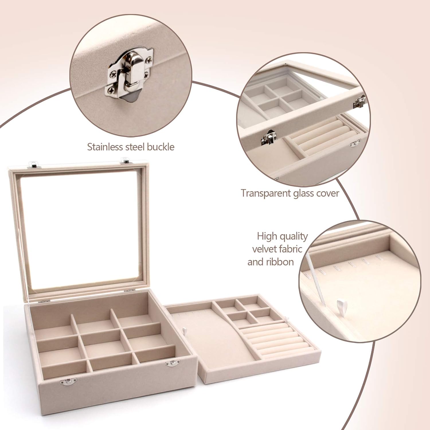 Jewelry Box with Glass Lid Two-Layer Jewelry Box Organizer Display Storage case