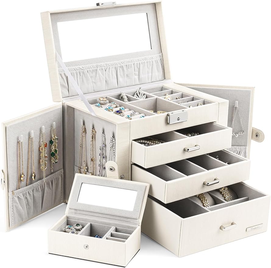 Jewelry Box with Small Travel Case Mirror Necklace Ring Earrings Organizer