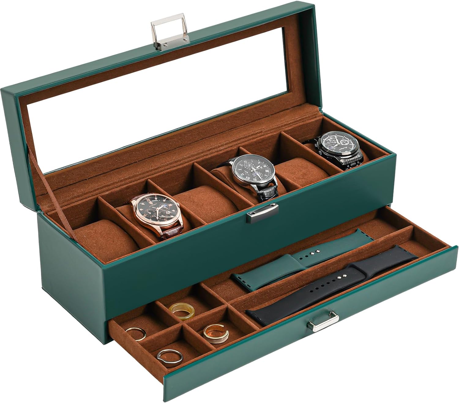 6 Slot Watch Display Case with Drawer, layer Jewelry and Watch Storage Case