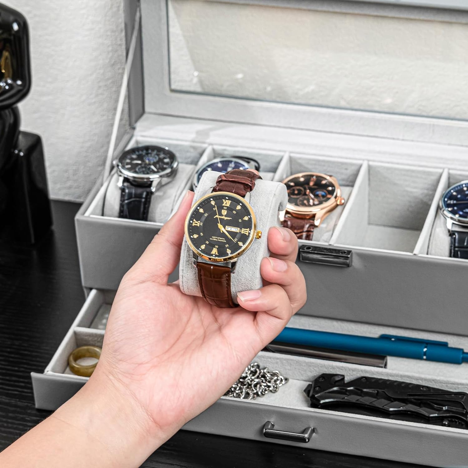 6 Slot Watch Display Case with Drawer, layer Jewelry and Watch Storage Case