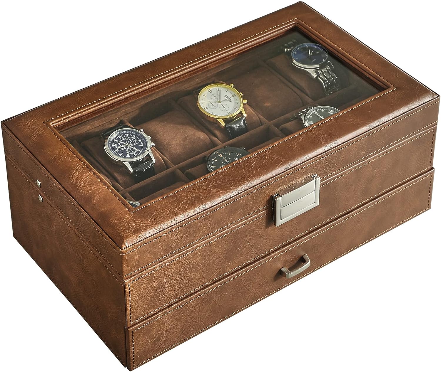 Watch Box 12 Slots PU Leather Watch Case for Men - Jewelry Display Drawer Case with Glass Top,Smooth Velvet Lining