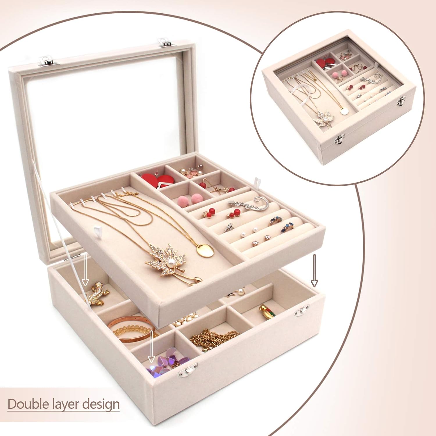 Jewelry Box with Glass Lid Two-Layer Jewelry Box Organizer Display Storage case