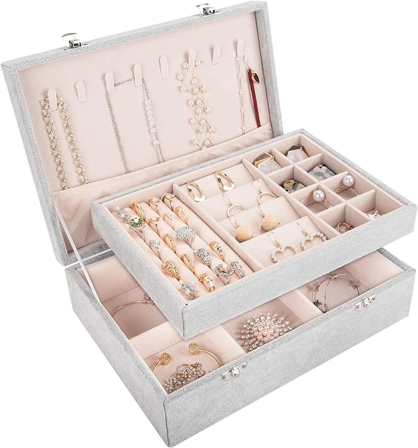 2 Layer Velvet Jewelry Box Organizer, Jewelry Box with Removable Tray