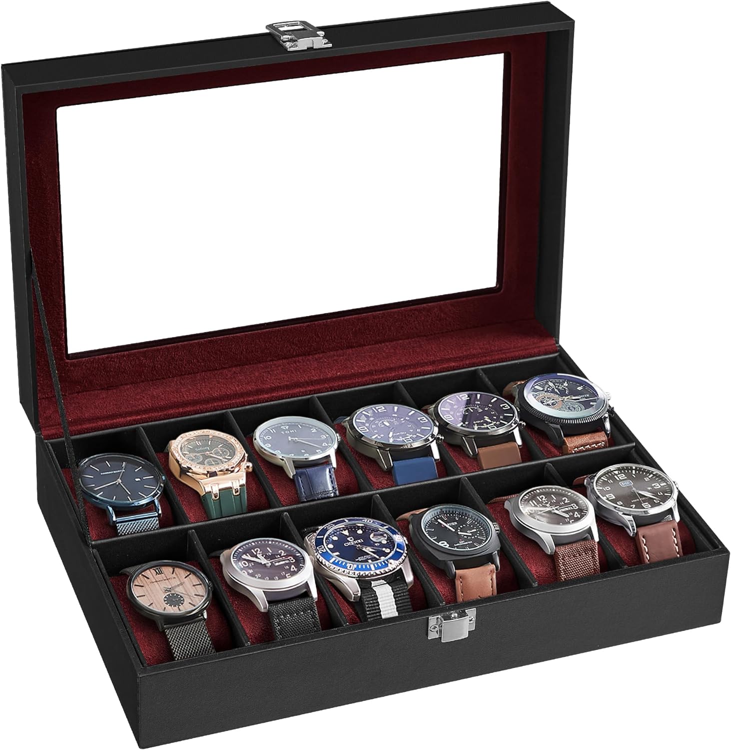 12-Slot Black Synthetic Leather Watch Box with Large Glass Lid and Removable Watch Pillows