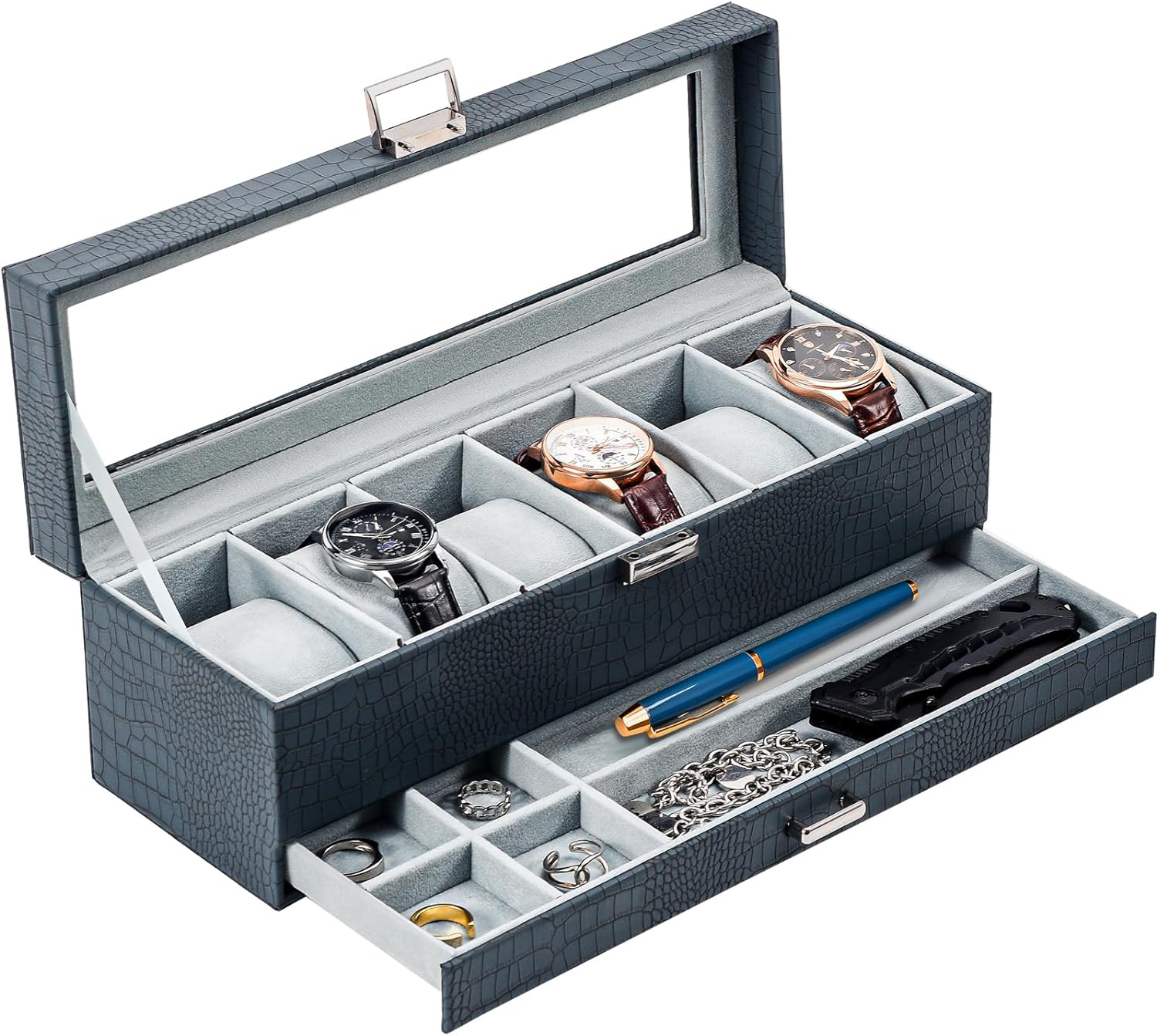 6 Slot Watch Display Case with Drawer, layer Jewelry and Watch Storage Case