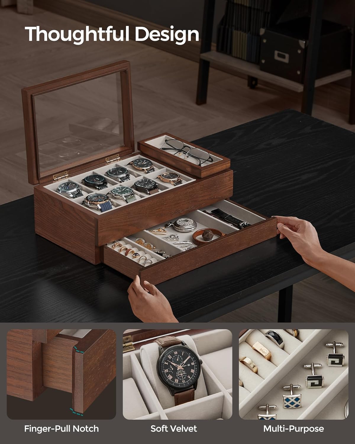 8-Slot Wooden Watch Box with Solid Wood Veneer, 2-Tier Watch Display Case with Transparent Window, Removable Watch Pillows, Velvet Lining, Gift Idea