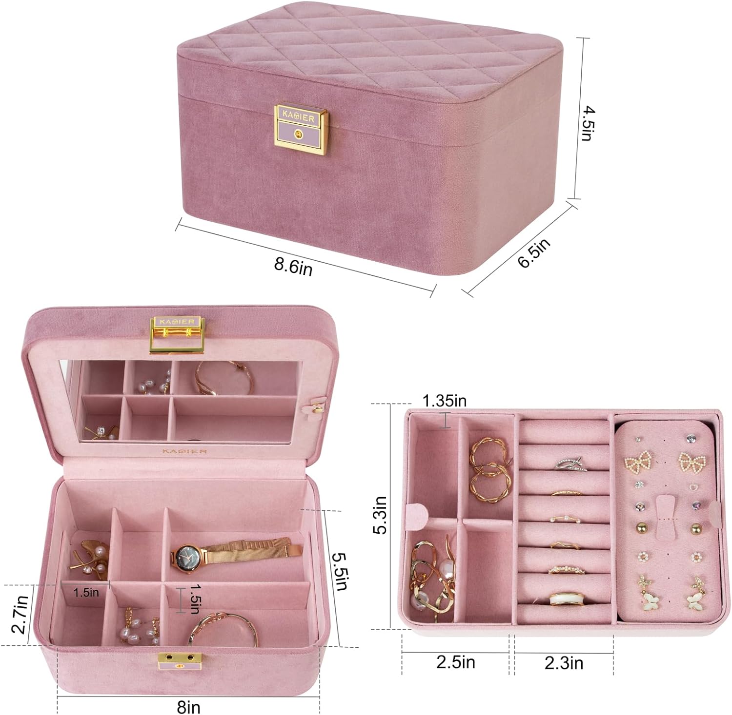 2 Layer Jewelry Organizer Box ,Luxury Leather & Soft Velvet Lined