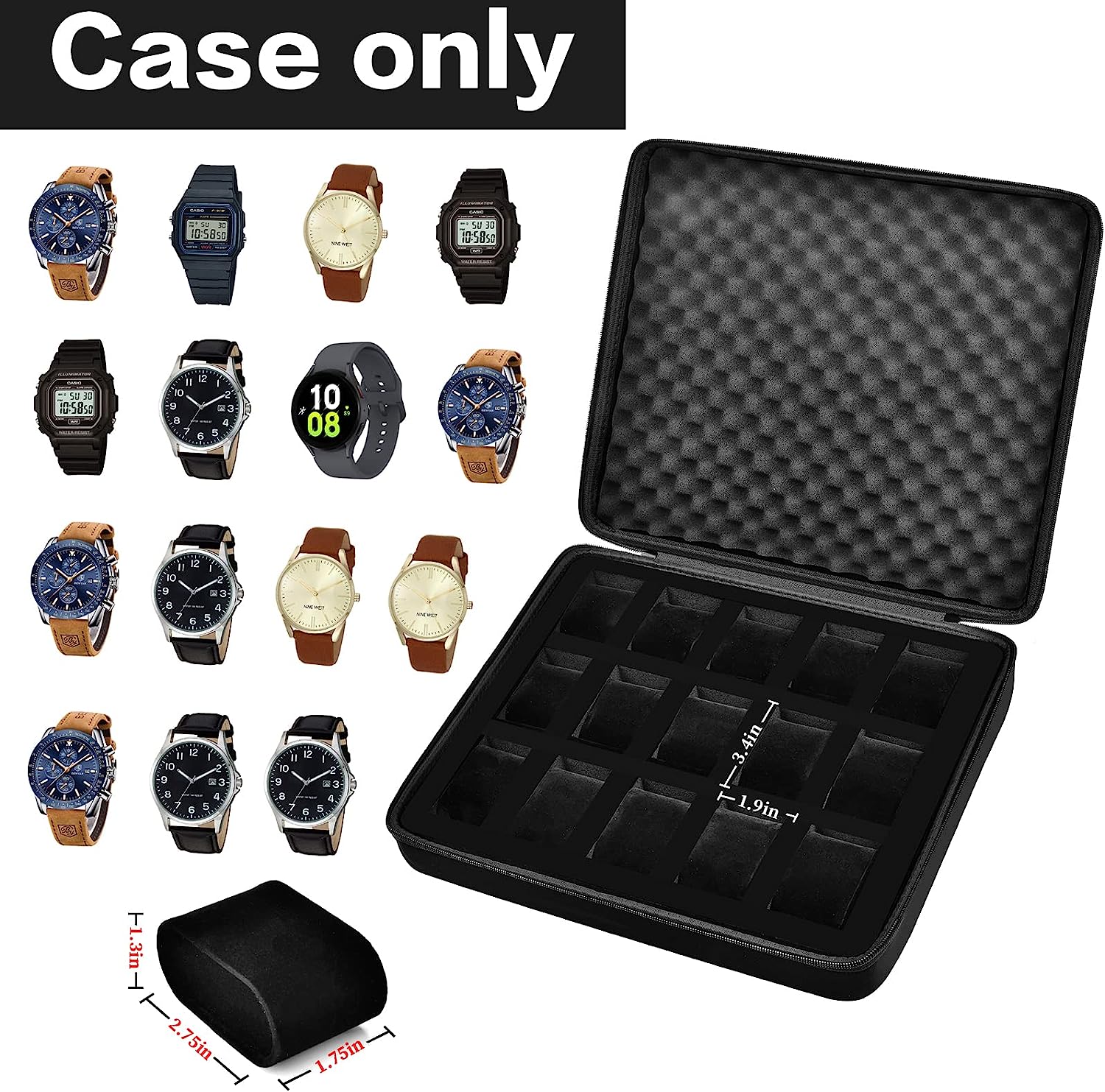 15 Slots Watch Box Organizer/Men Watch Display Storage Case Fits All Wristwatches and Smart Watches up to 42mm