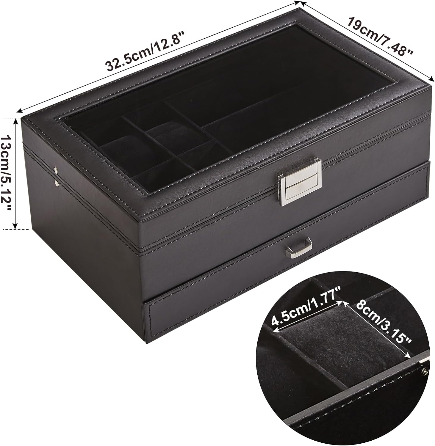 Watch Box 12 Slots PU Leather Watch Case for Men - Jewelry Display Drawer Case with Glass Top,Smooth Velvet Lining