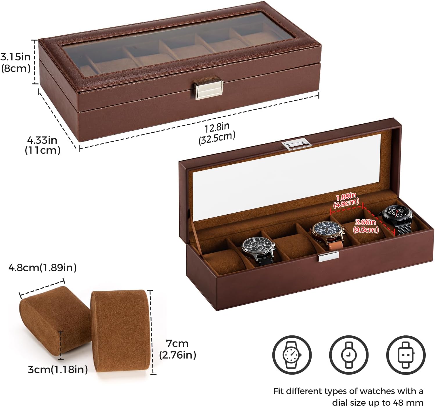 Watch Box for Men, 6 Slot Watch Display Case Mens Watch Box Organizer, PU Leather Watch Cases for Men Watch Storage, Valentines Gift Watch Holder Organizer with Glass Lid -6 Slot,