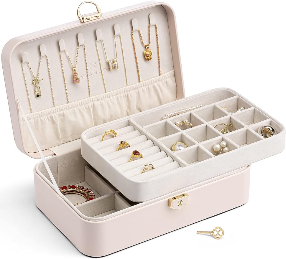 Jewelry Box,Faux Leather Jewelry Organizer for Women,Medium Jewelry Case Storage with 2 Drawn,Earrings Necklace Boxes Gift Box Packaging