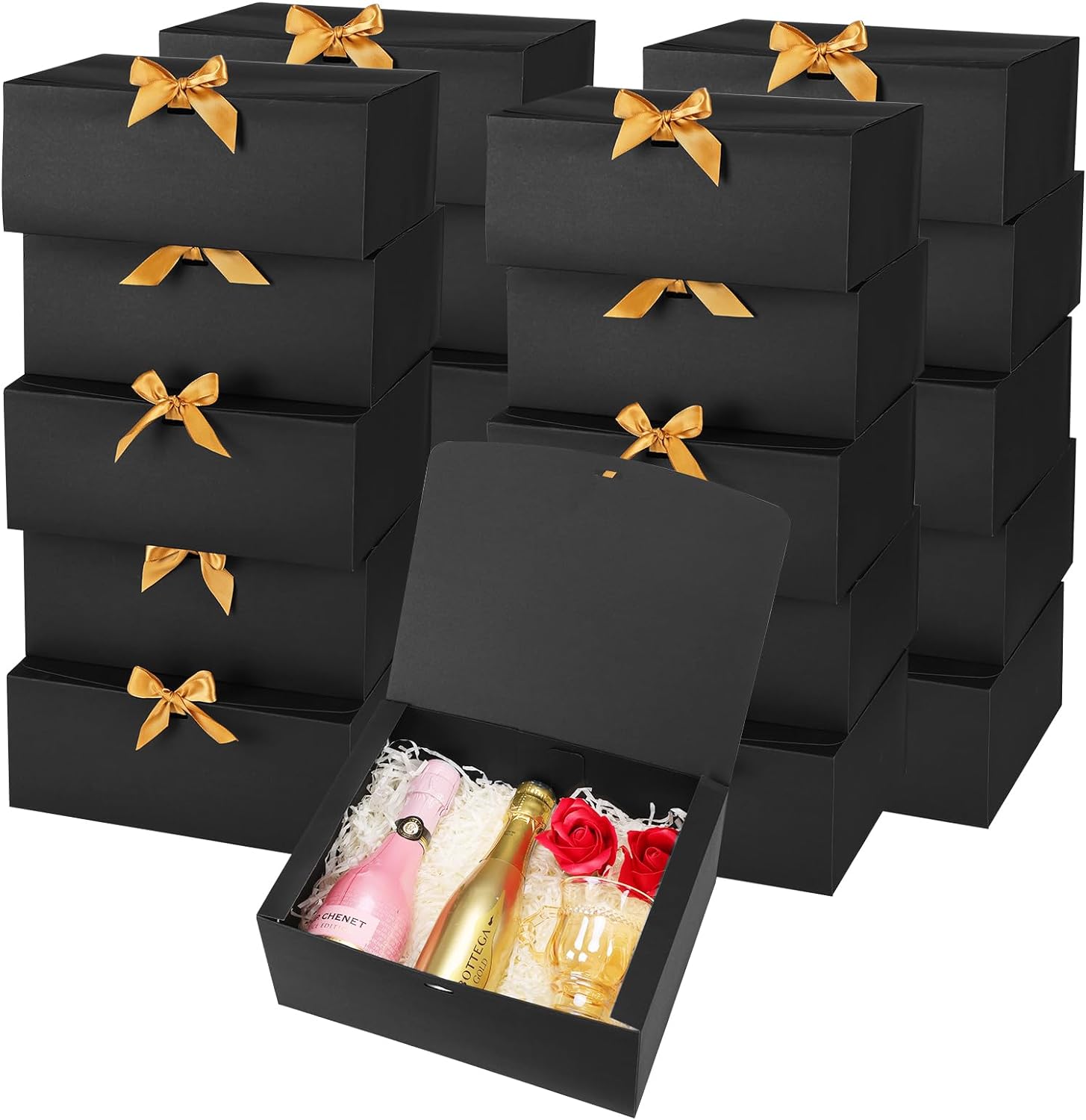 Gift Boxes with Lids for Presents, Black 10x8x4 Inch Bridesmaid Proposal Box with Ribbon, Large Paper Boxes for Snacks, Candy, Toys, Birthday Party, Wedding, Halloween, Christmas