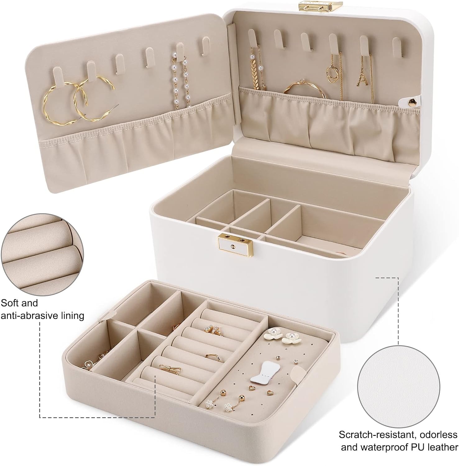 2 Layer Jewelry Organizer Box ,Luxury Leather & Soft Velvet Lined